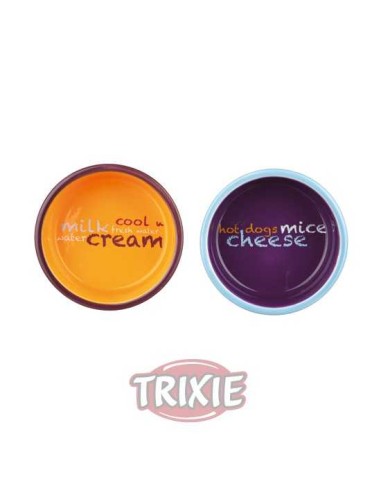 TRIXIE SET COMEDEROS CERÁMICA IMPRESOS CATS AZUL / NARANJA / PÚRPURA 2 X Ø12 CM / 300 ML - 3