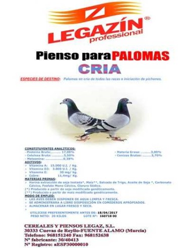 LEGAZÍN PIENSO PALOMAS CRÍA - 20 KG 25 KG