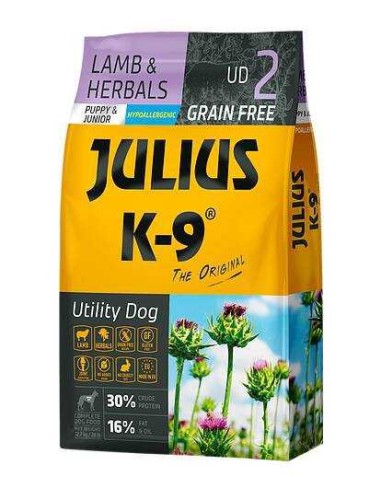 JULIUS K-9 UTILITY DOG PUPPY AND JUNIOR CORDERO Y HIERBAS 340 GR 3 KG 10 KG