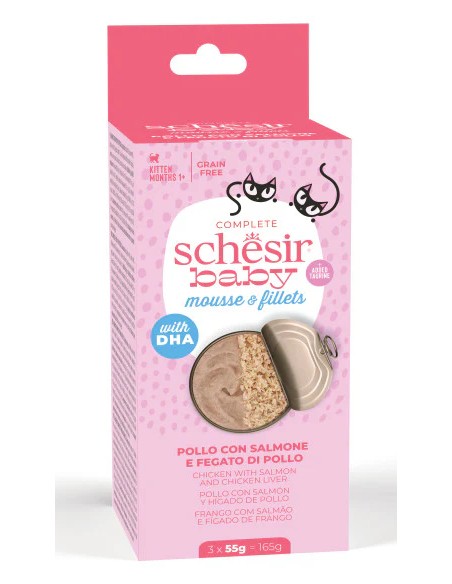SCHESIR BABY DOBLE TEXTURE MOUSSE&FILETES POLLO CON SALMON Y HIGADO POLLO PARA GATITOS (3 UNIDADES) - 3 X 55 GR 3 X 55 GR - 2
