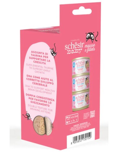 SCHESIR BABY DOBLE TEXTURE MOUSSE&FILETES POLLO CON SALMON Y HIGADO POLLO PARA GATITOS (3 UNIDADES) - 3 X 55 GR 3 X 55 GR - 4