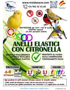 MOLDES AVE ANILLAS DE MARCAJE CON CITRONELA ANTIPARÁSITOS PARA SILVESTRES 2,7 MM - 100 UNIDADES Ø2 7 MM - 2 2