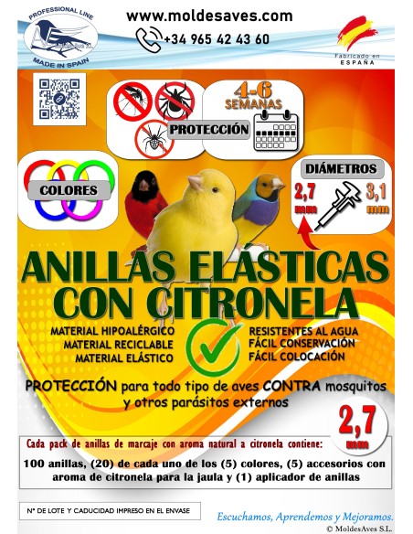 MOLDES AVE ANILLAS DE MARCAJE CON CITRONELA ANTIPARÁSITOS PARA CANARIOS 3,1 MM - 100 UNIDADES Ø3 1 MM - 2