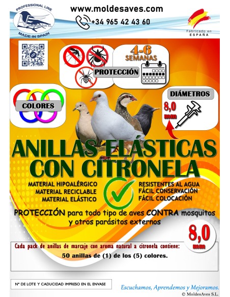 MOLDES AVE ANILLAS DE MARCAJE CON CITRONELA ANTIPARÁSITOS PARA PALOMOS 8 MM - 50 UNIDADES ROJO AZUL AMARILLO VERDE ROSA Ø8 - 2
