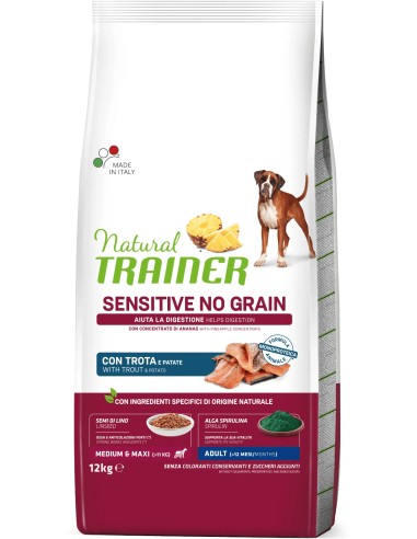 NATURAL TRAINER DOG SENSITIVE NO GRAIN TRUCHA PARA PERROS MEDIANOS Y GRANDES 3 KG 12 KG